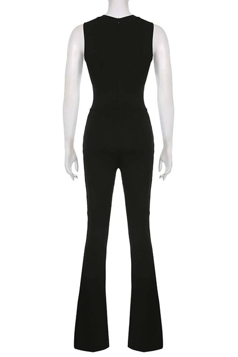 PC841 Graphic Crew Neck Sleeveless Split Jumpsuit