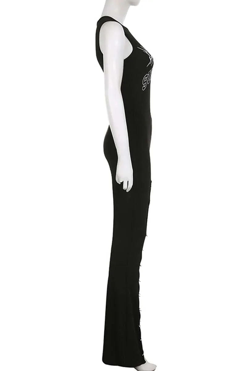 PC841 Graphic Crew Neck Sleeveless Split Jumpsuit