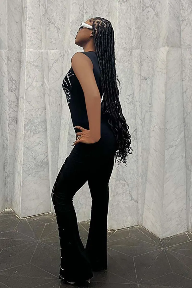 PC841 Graphic Crew Neck Sleeveless Split Jumpsuit