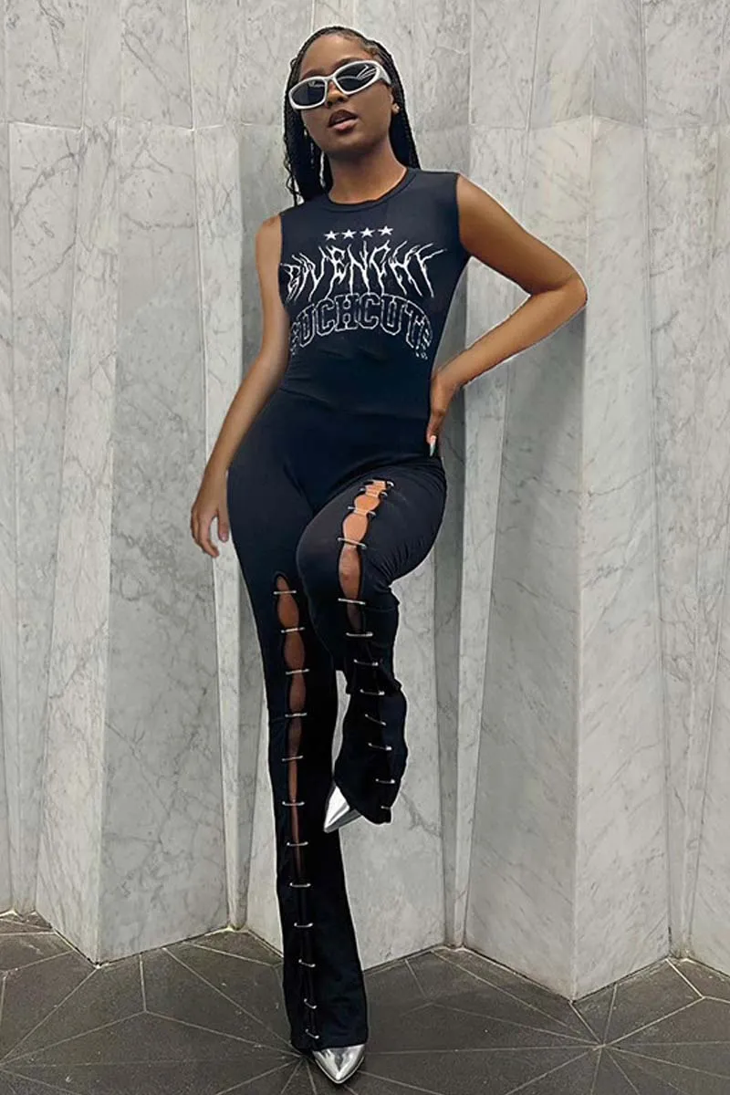 PC841 Graphic Crew Neck Sleeveless Split Jumpsuit