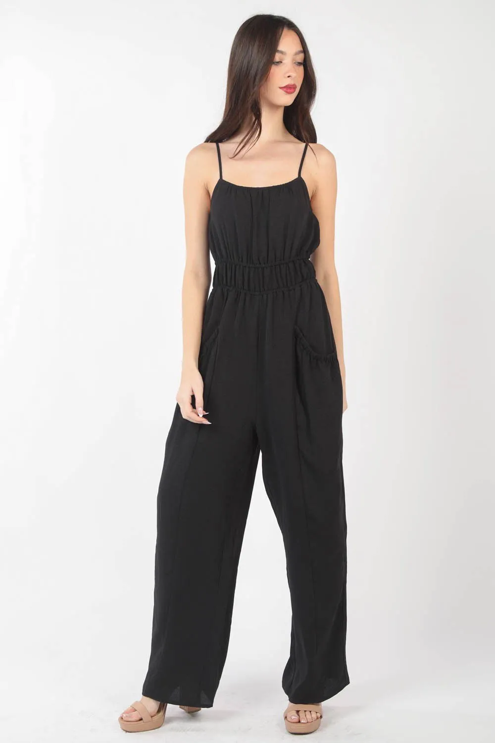 Pintuck Detail Woven Sleeveless Jumpsuit for Women