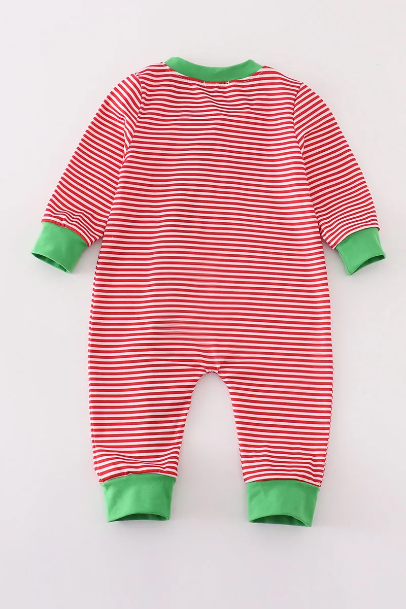 Red Stripe Christmas Tree Embroidery Boy Romper