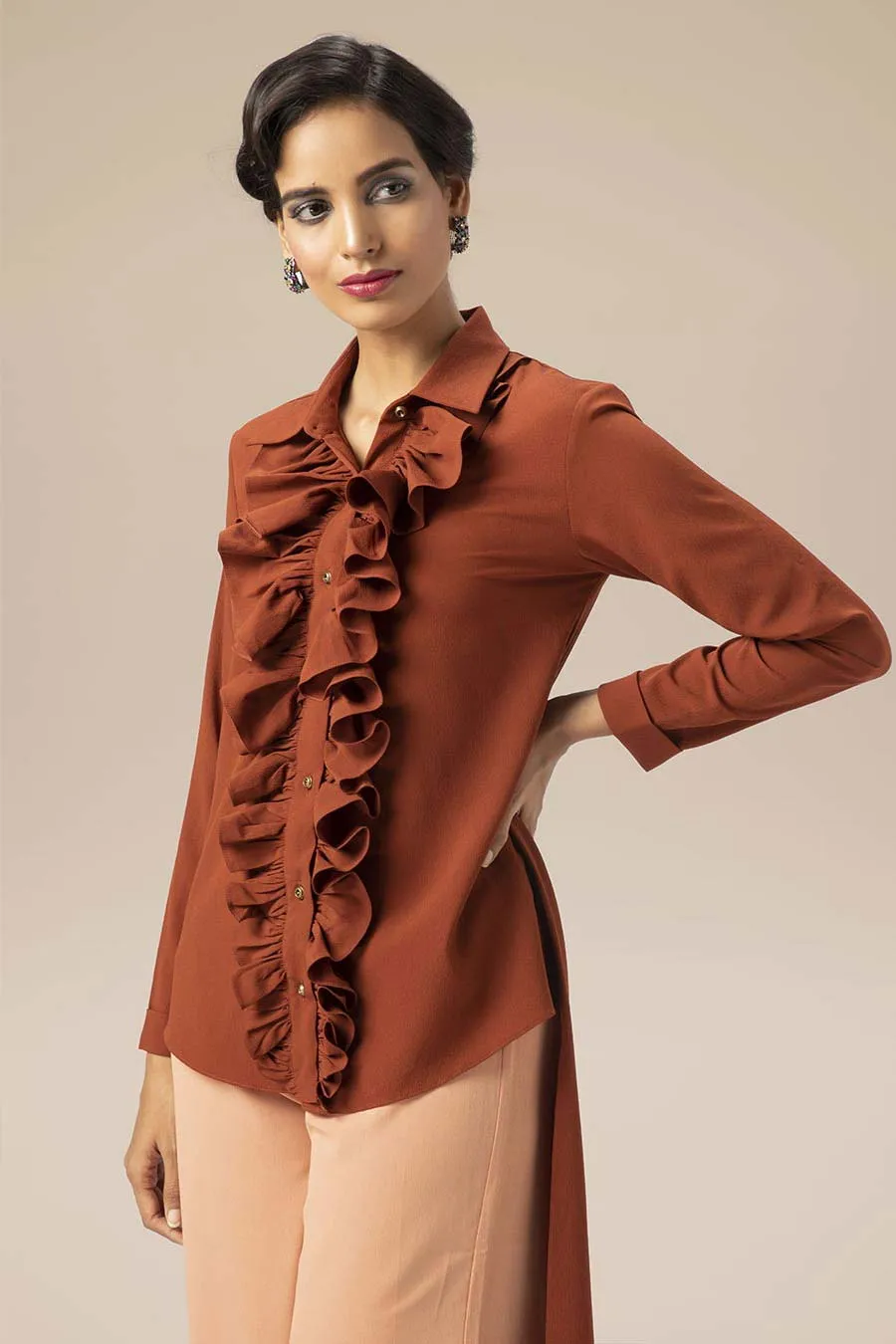 Rust Foxglove Ruffle High-Low Tunic