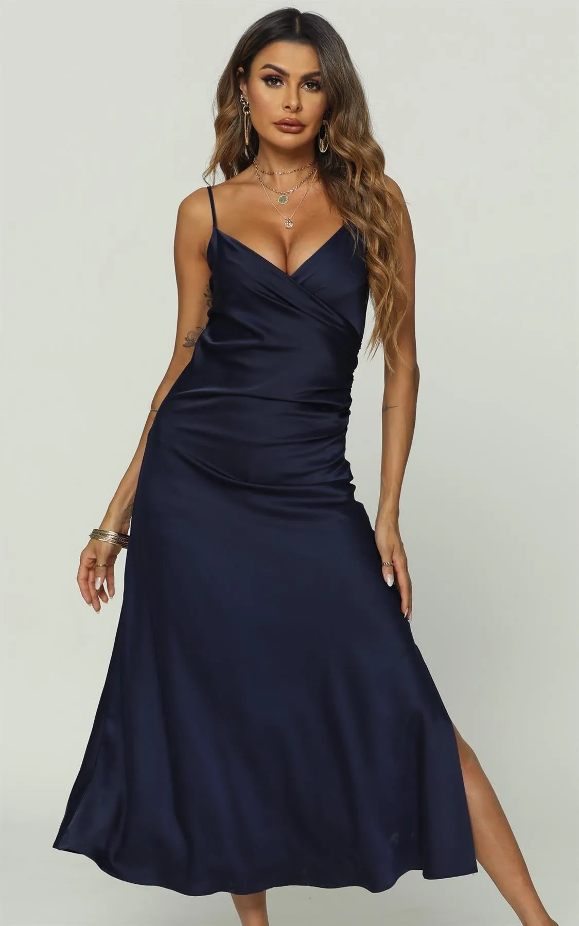 Satin Slip Cami Midi Dress In Navy