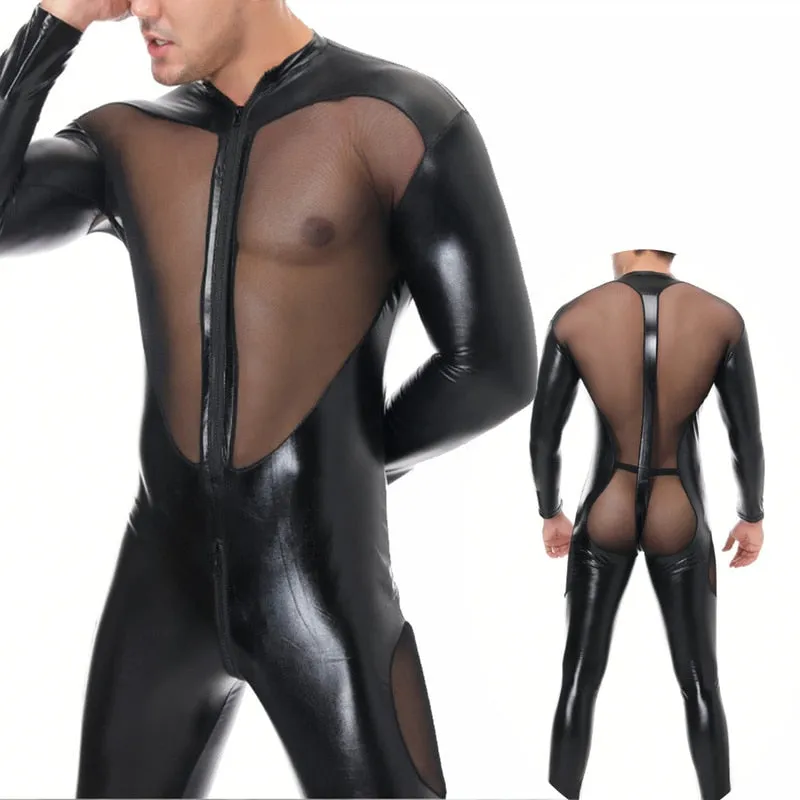 See Trough Decorated Leather Jumpsuits