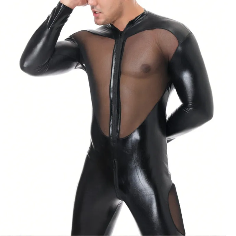See Trough Decorated Leather Jumpsuits