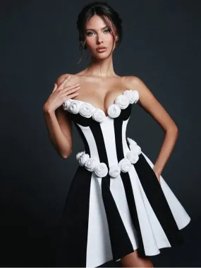 Sexy Black White Flower A Line Mini Evening Party Dress