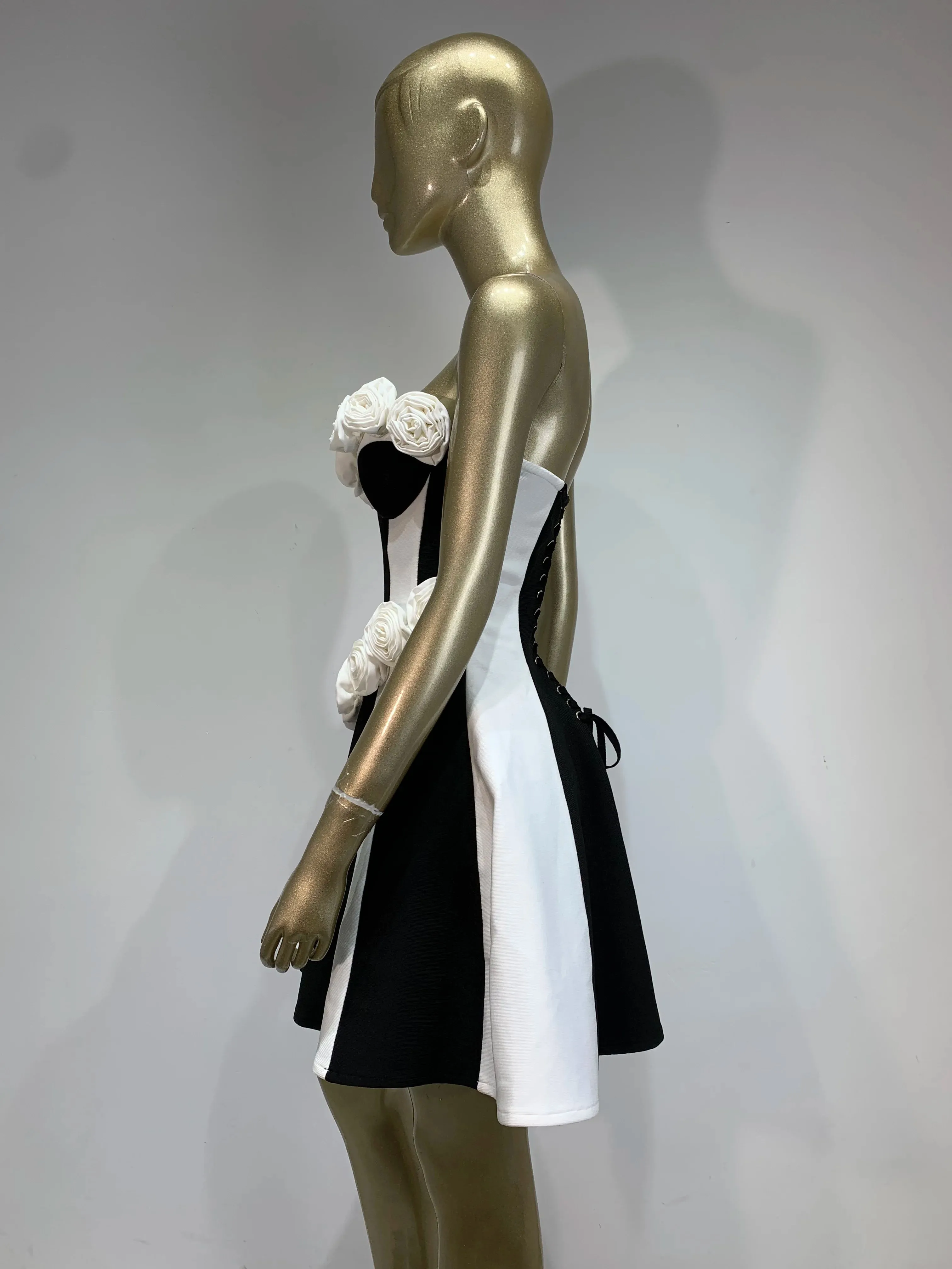 Sexy Black White Flower A Line Mini Evening Party Dress