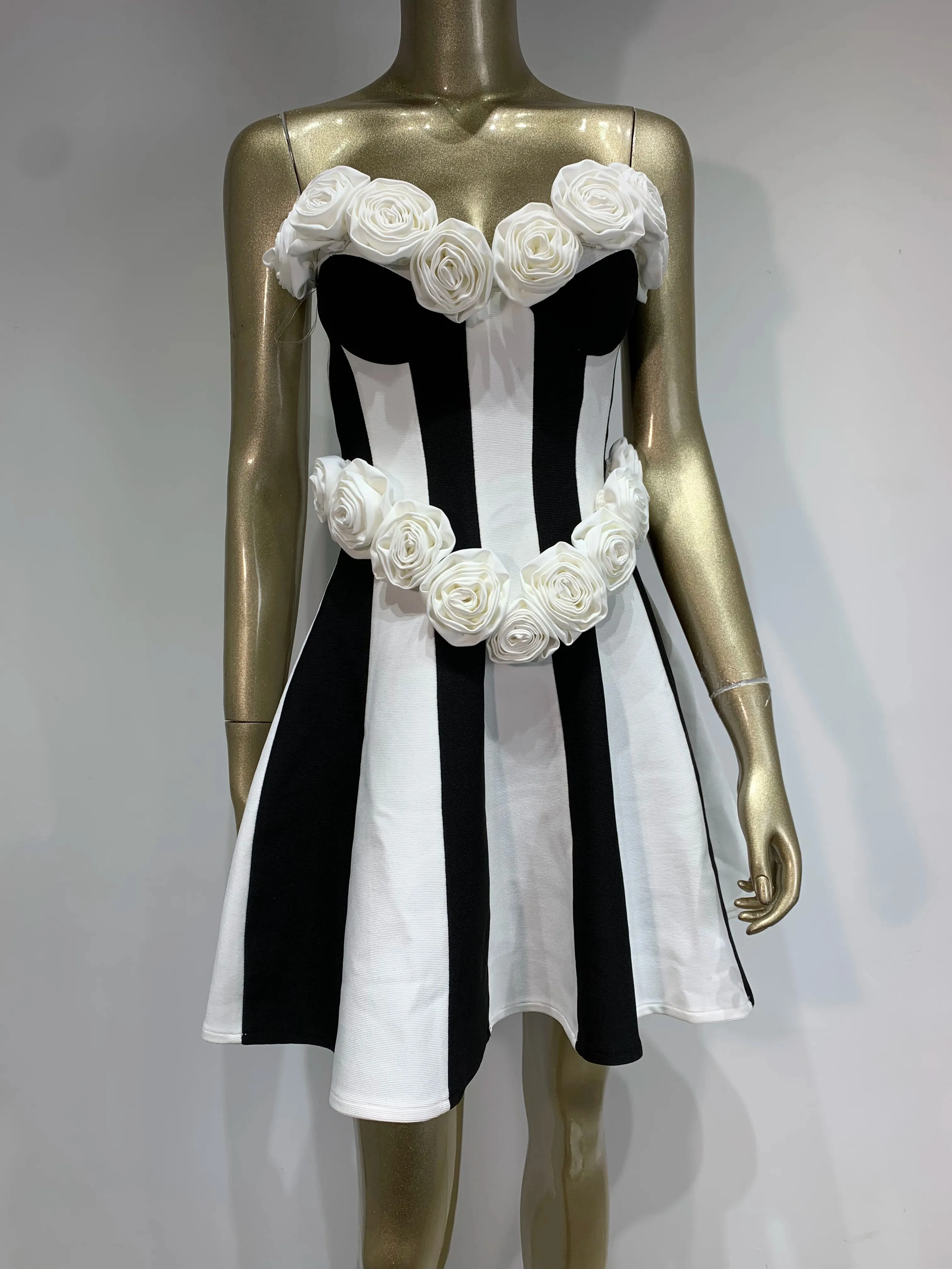 Sexy Black White Flower A Line Mini Evening Party Dress