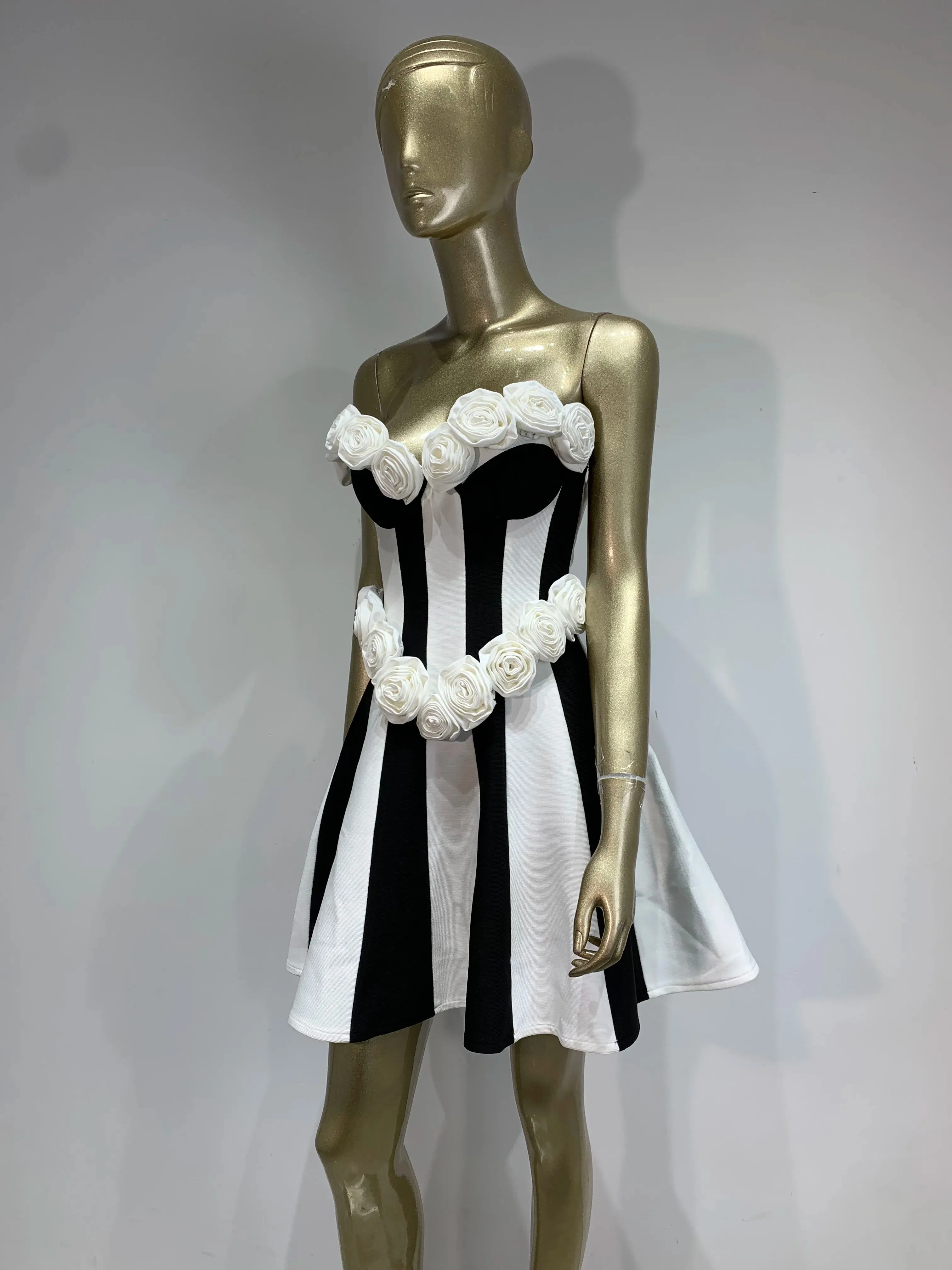 Sexy Black White Flower A Line Mini Evening Party Dress