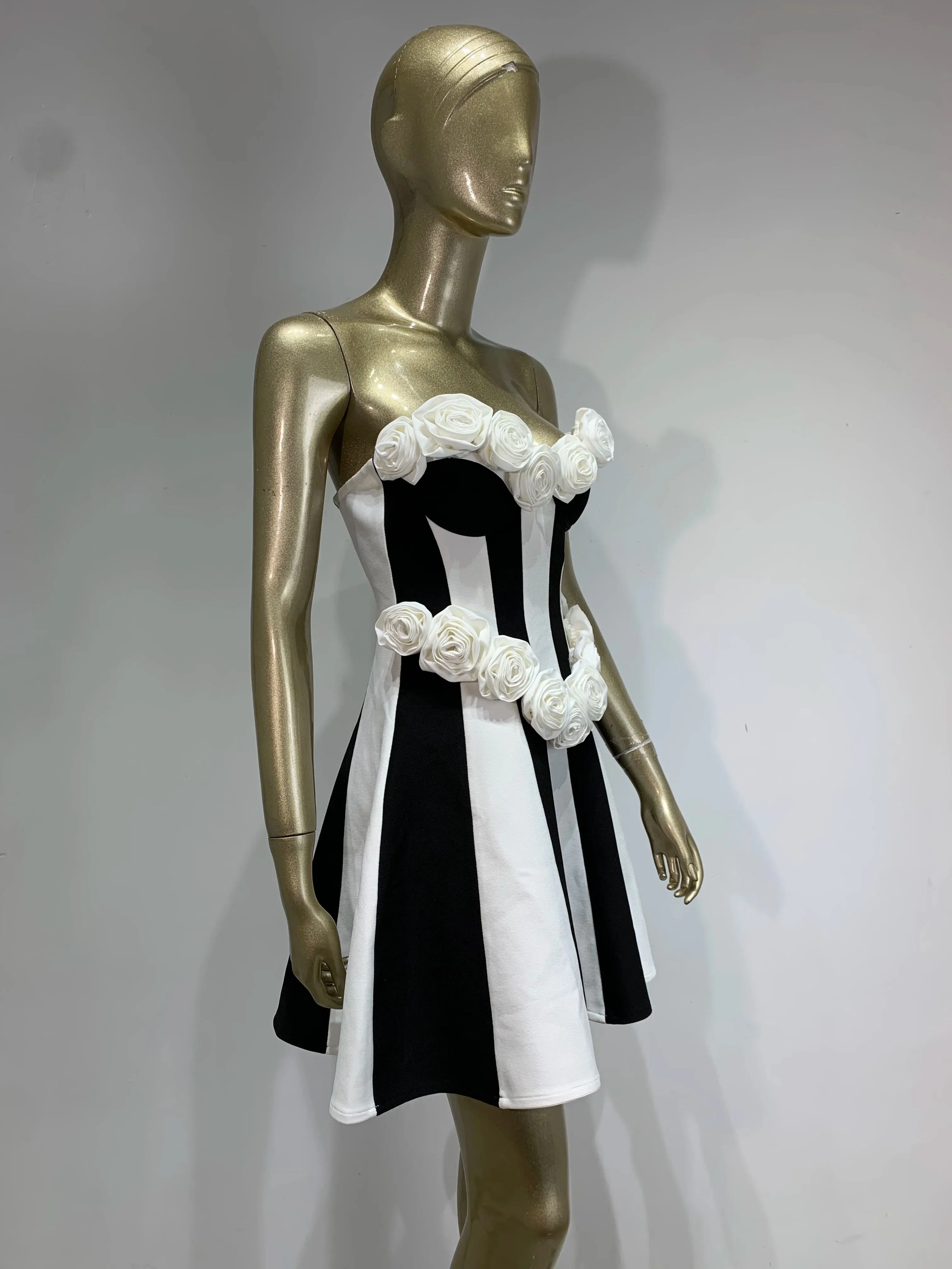 Sexy Black White Flower A Line Mini Evening Party Dress