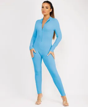 Sky Blue Front Zip Ribbed Structured Contour Jumpsuit