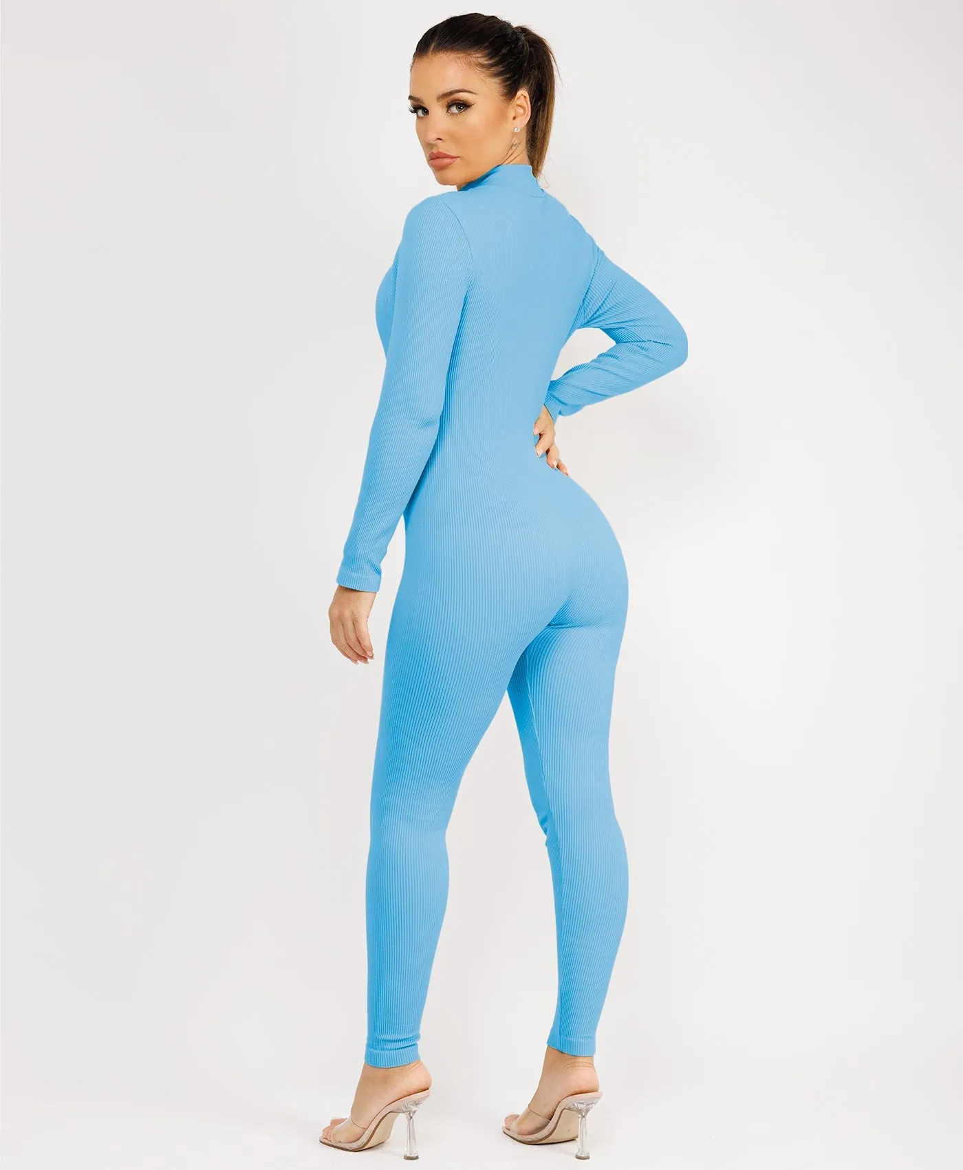Sky Blue Front Zip Ribbed Structured Contour Jumpsuit
