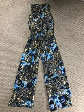 SMOCKED JUMPSUIT BLUE BRUSH LEOPARD