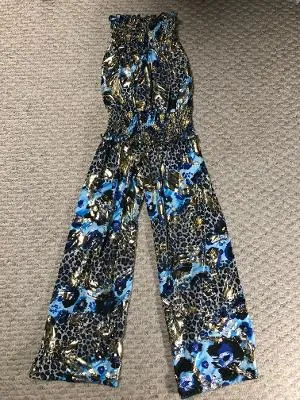 SMOCKED JUMPSUIT BLUE BRUSH LEOPARD