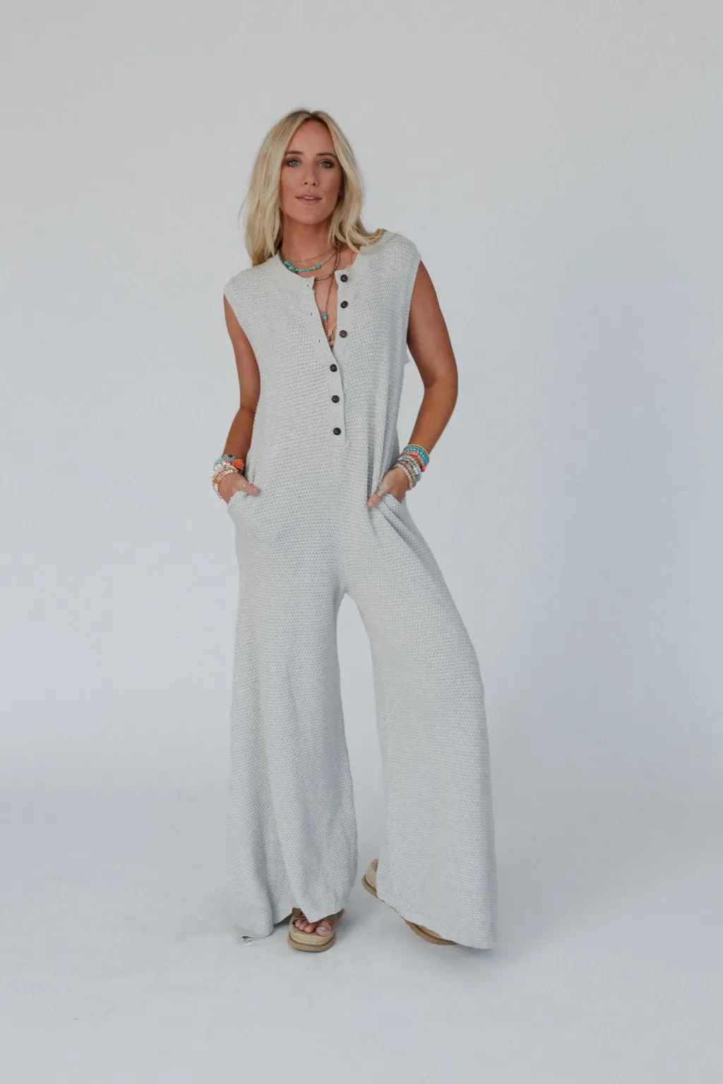 So In Love Button Up Jumpsuit - Heather Gray