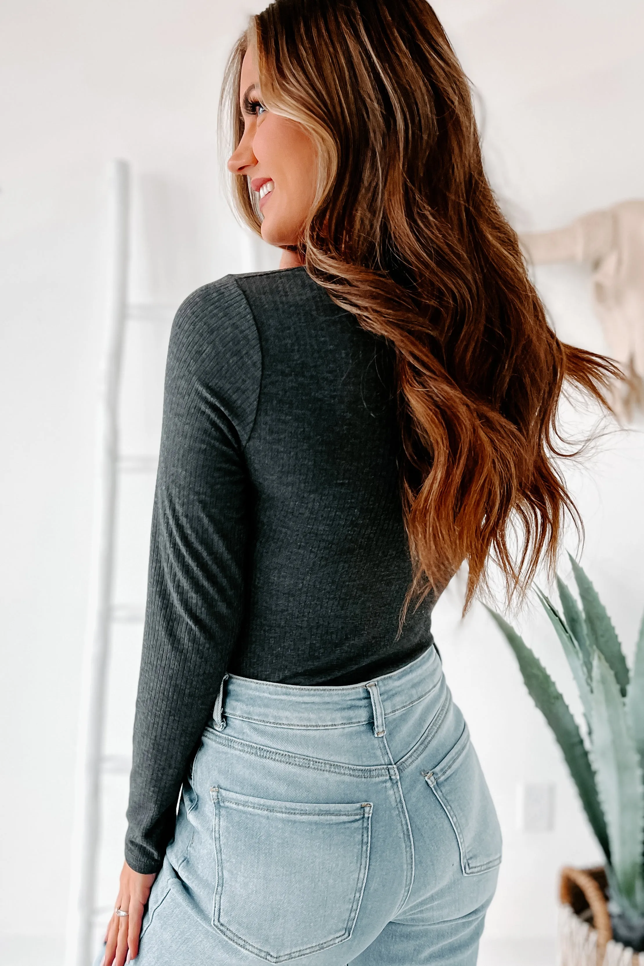 Something To See Long Sleeve Cut-Out Ruched Bodysuit (Charcoal)