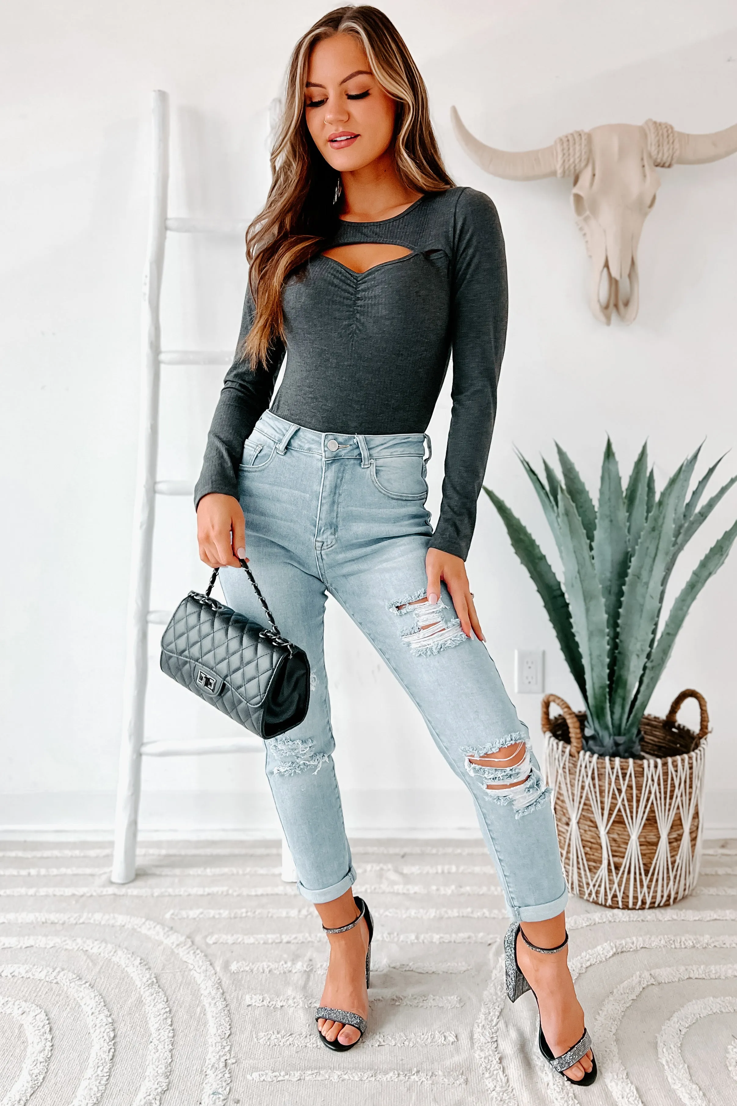Something To See Long Sleeve Cut-Out Ruched Bodysuit (Charcoal)