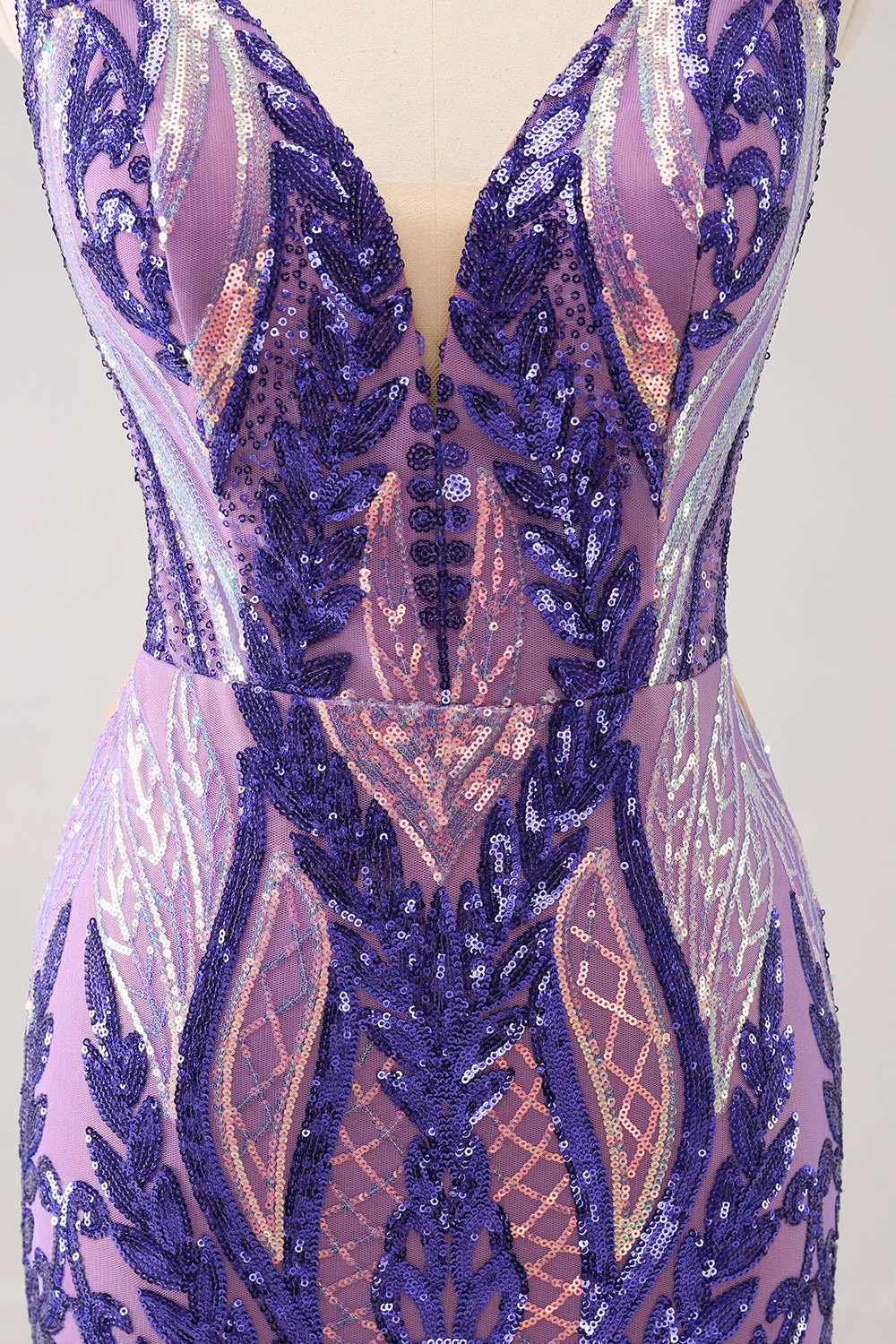 Sparkly Fuchsia Bodycon V Neck Backless Homecoming Dress with Sequins