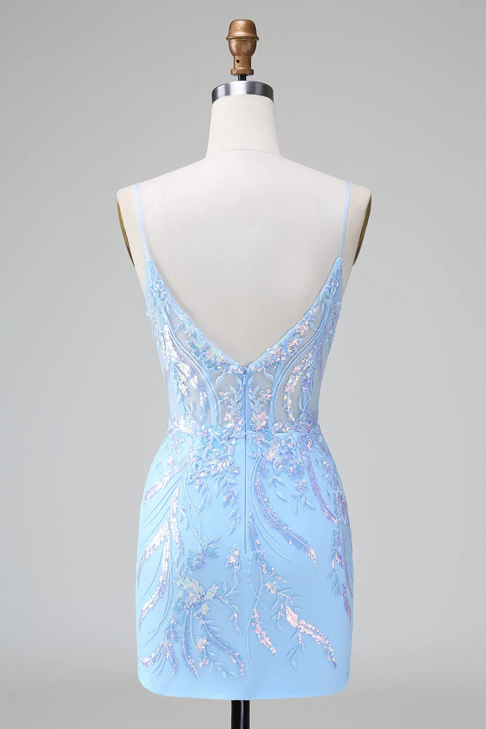 Sparkly Lilac Blue Bodycon Spaghetti Straps Corset Short Homecoming Dress with Sequins