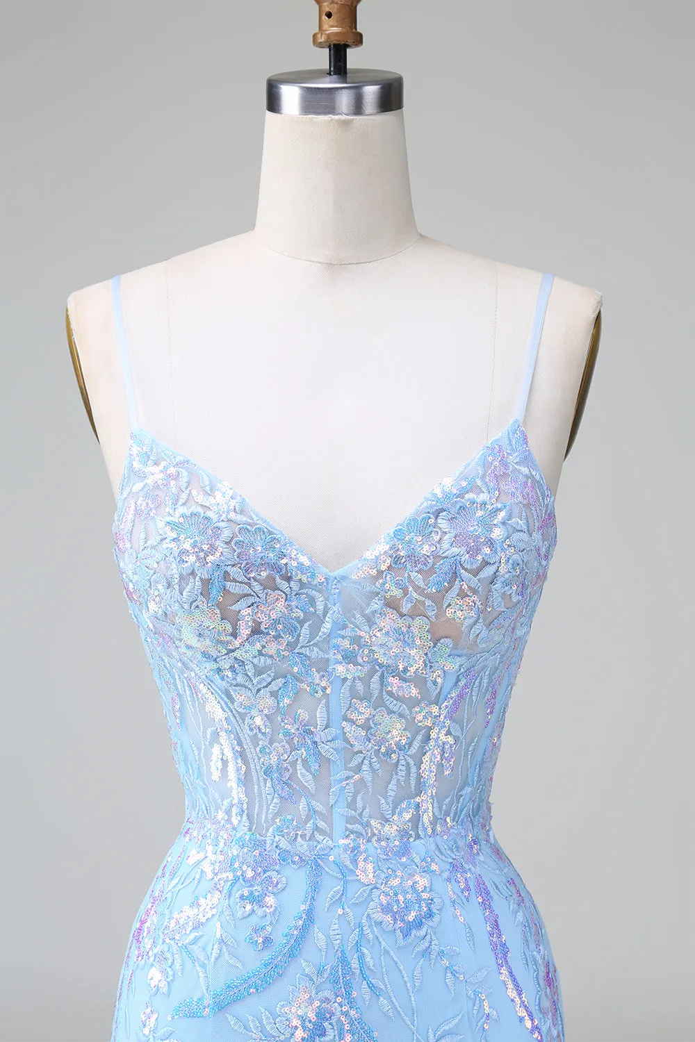 Sparkly Lilac Blue Bodycon Spaghetti Straps Corset Short Homecoming Dress with Sequins