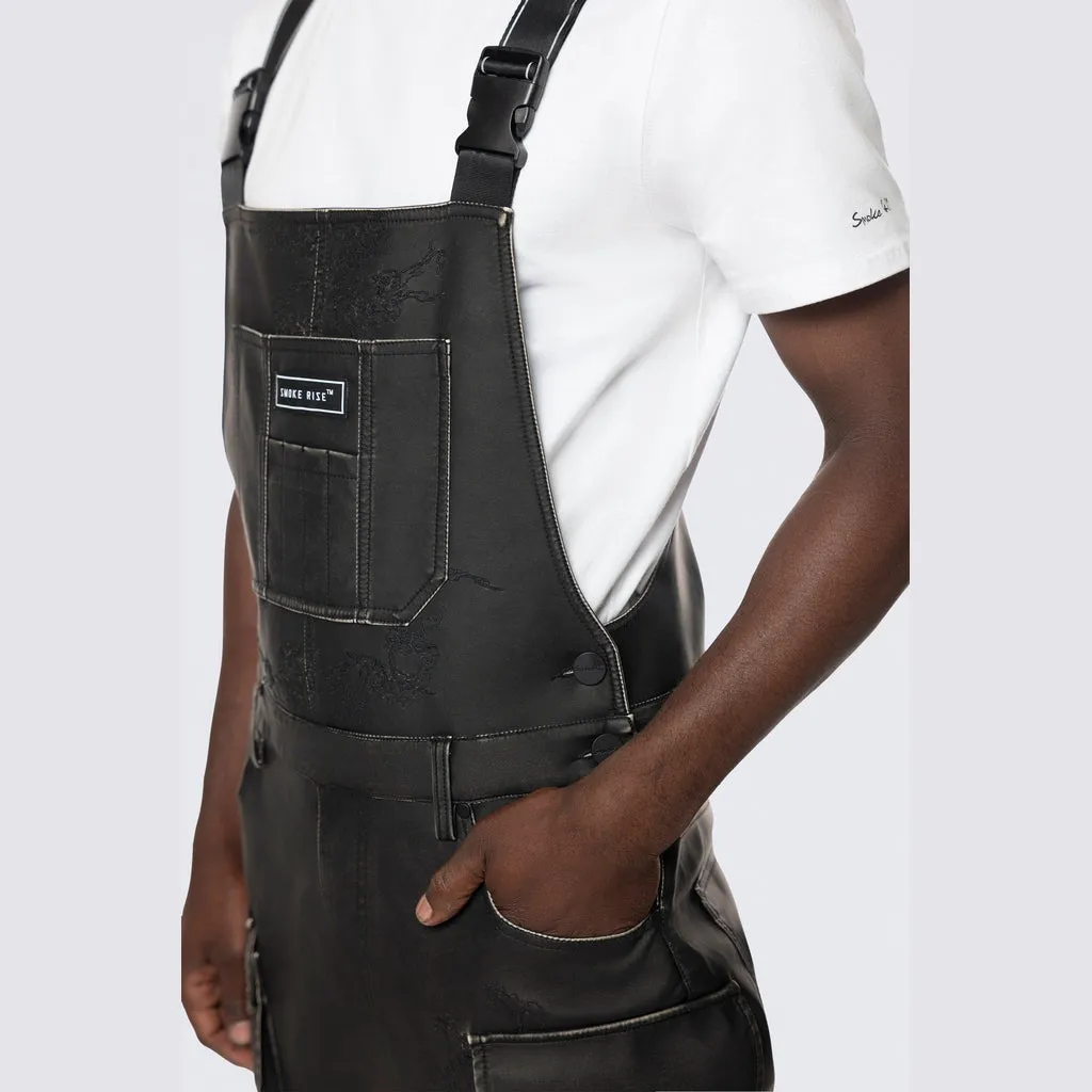 Stacked Vegan Leather Overalls - Washed Black