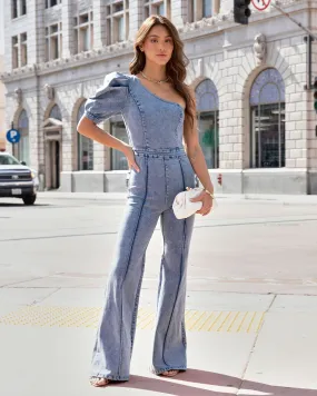 Stand Out Type One Shoulder Acid Wash Jumpsuit