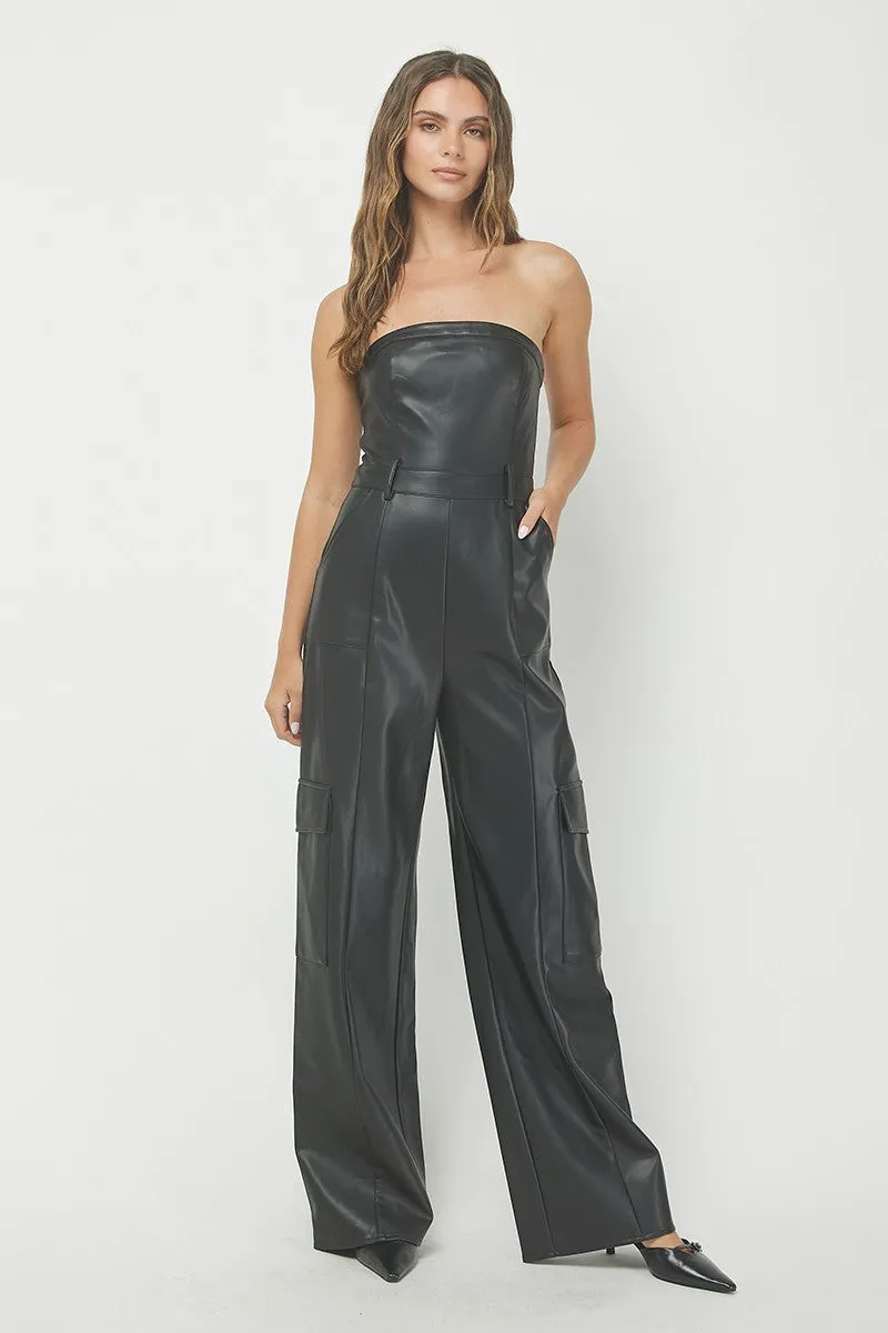 Strapless Leather Jumpsuit, Black