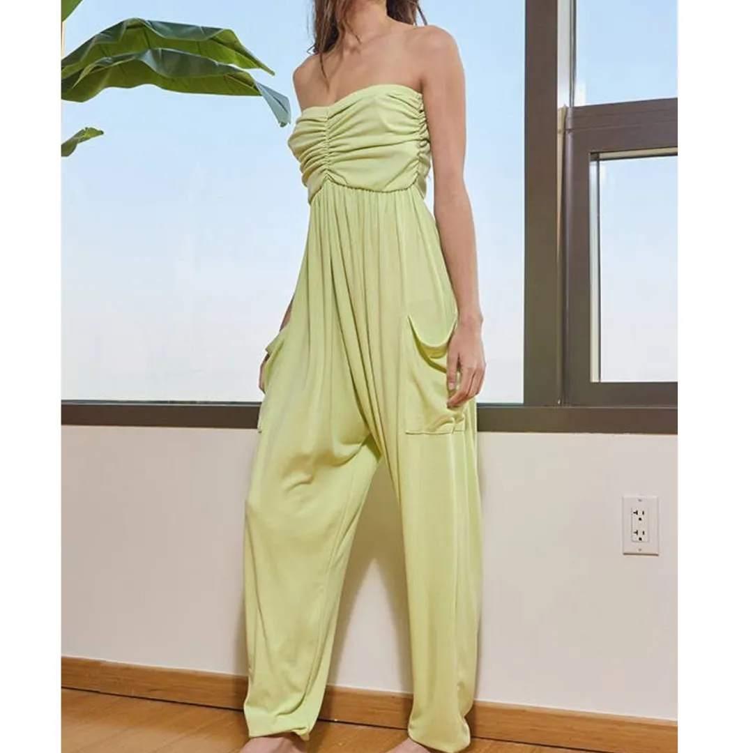 Strapless Ruched Drop Crotch Jogger Jumpsuit