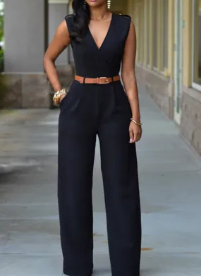 SURPLICE V NECK SOLID STRETCHABLE WIDE LEG JUMPSUIT
