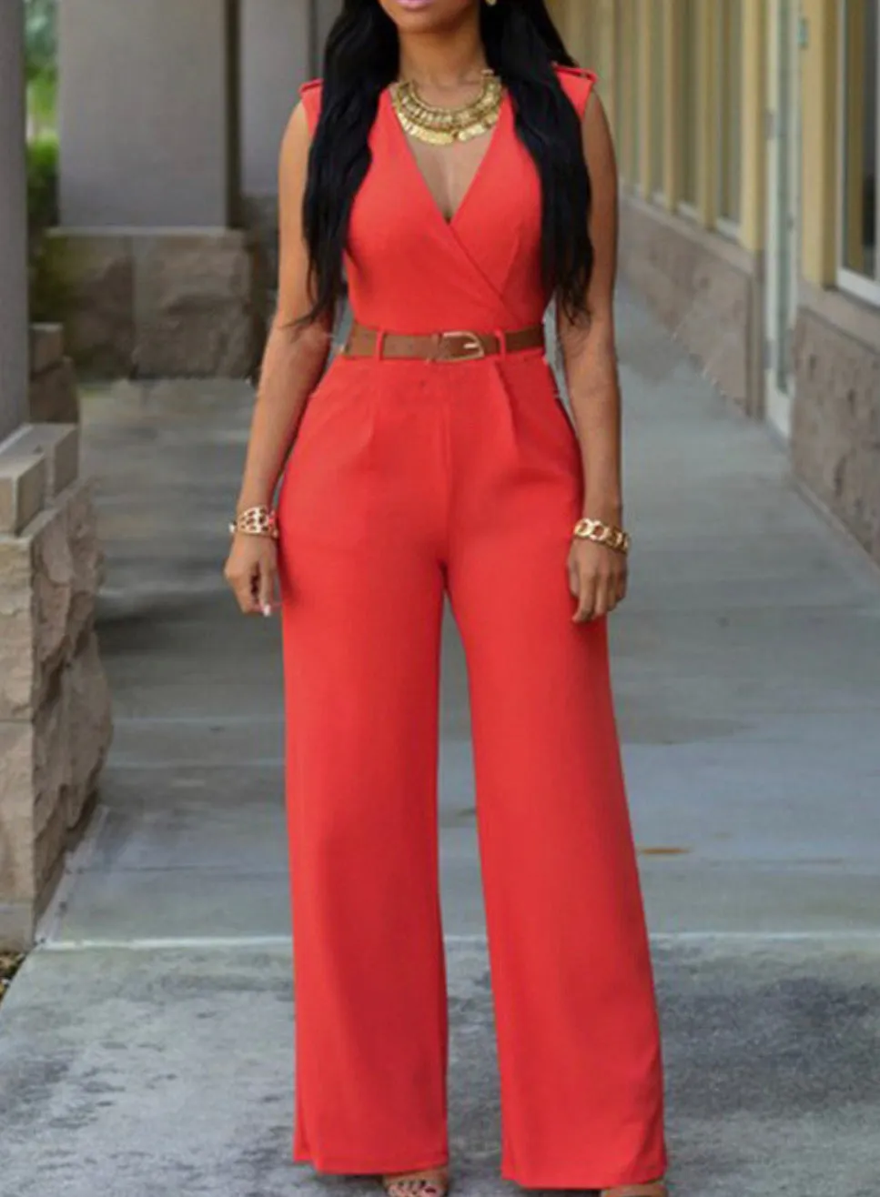SURPLICE V NECK SOLID STRETCHABLE WIDE LEG JUMPSUIT