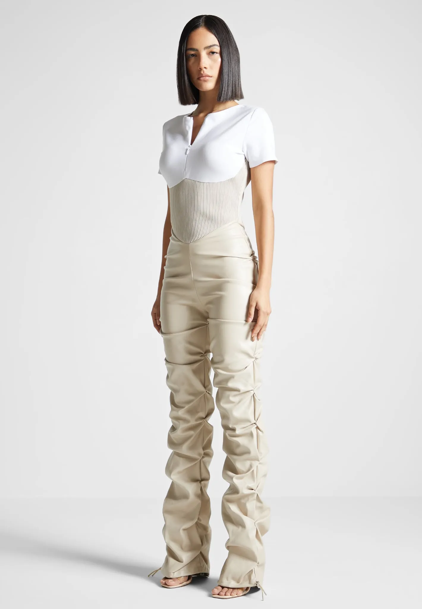 Tacked Leather T-Shirt Jumpsuit - Beige
