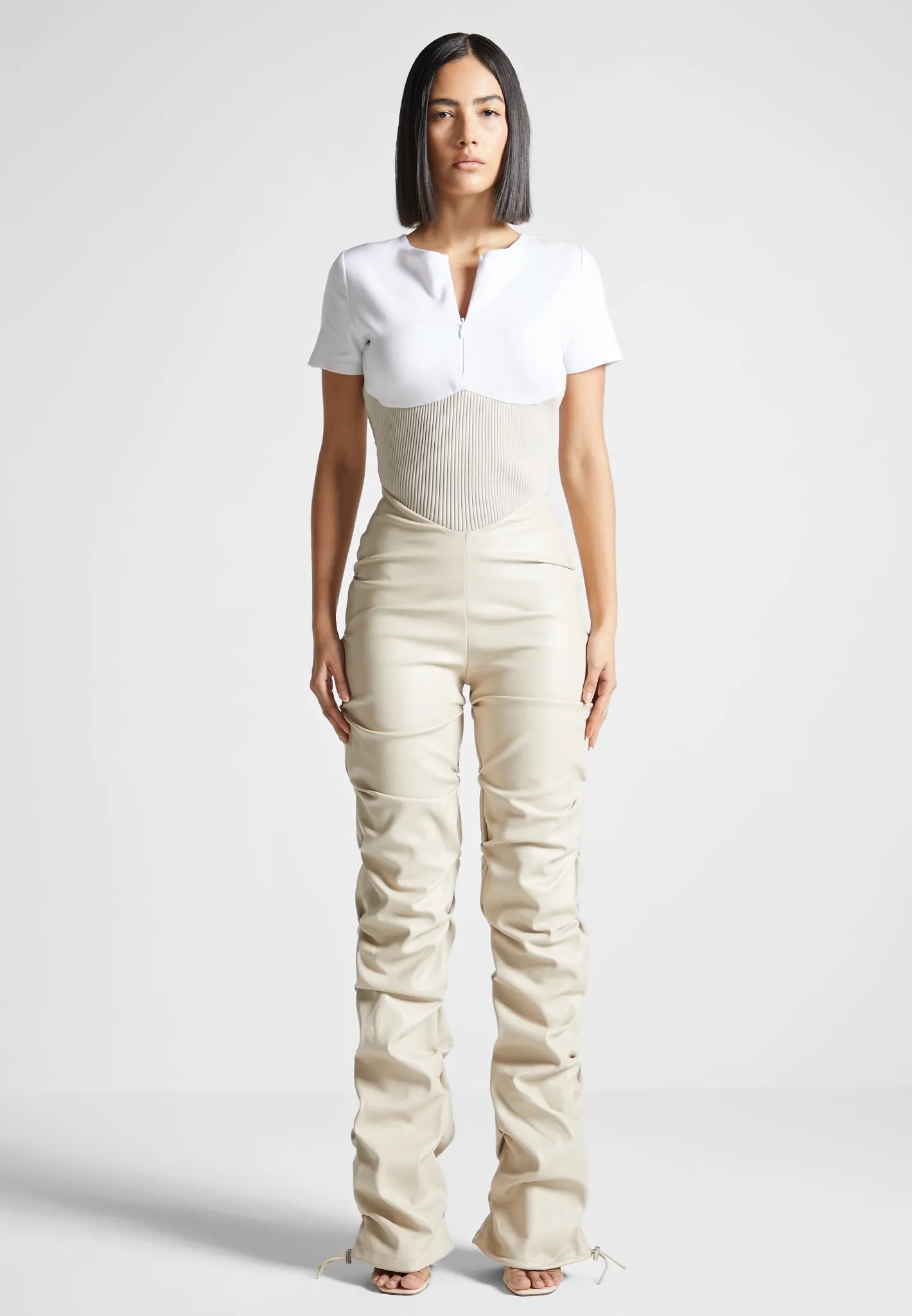 Tacked Leather T-Shirt Jumpsuit - Beige