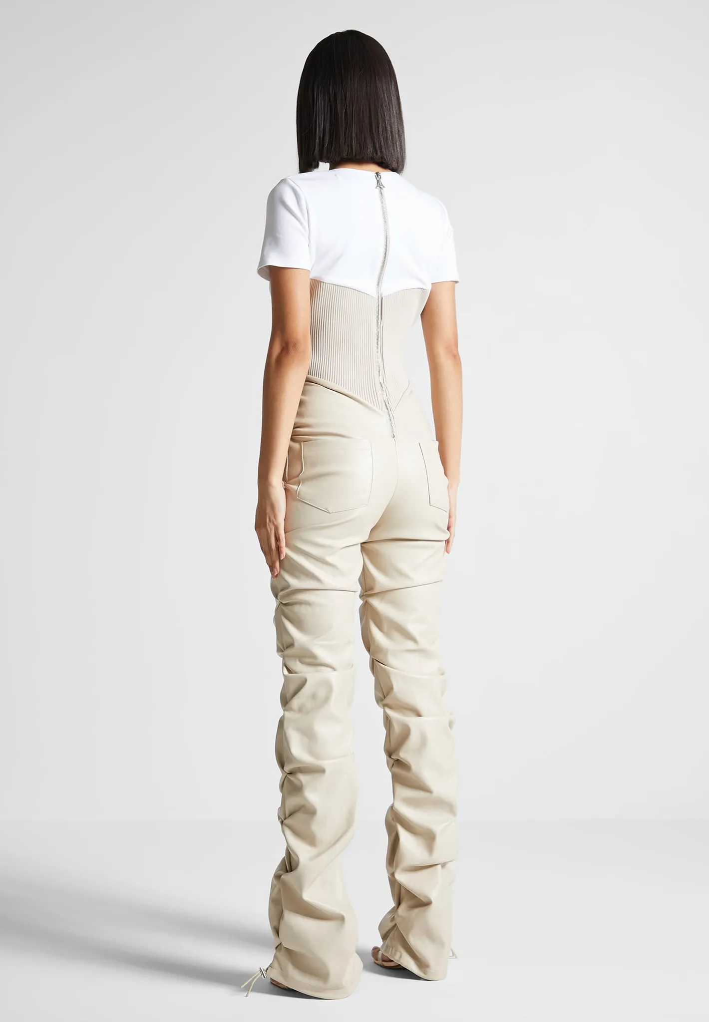Tacked Leather T-Shirt Jumpsuit - Beige