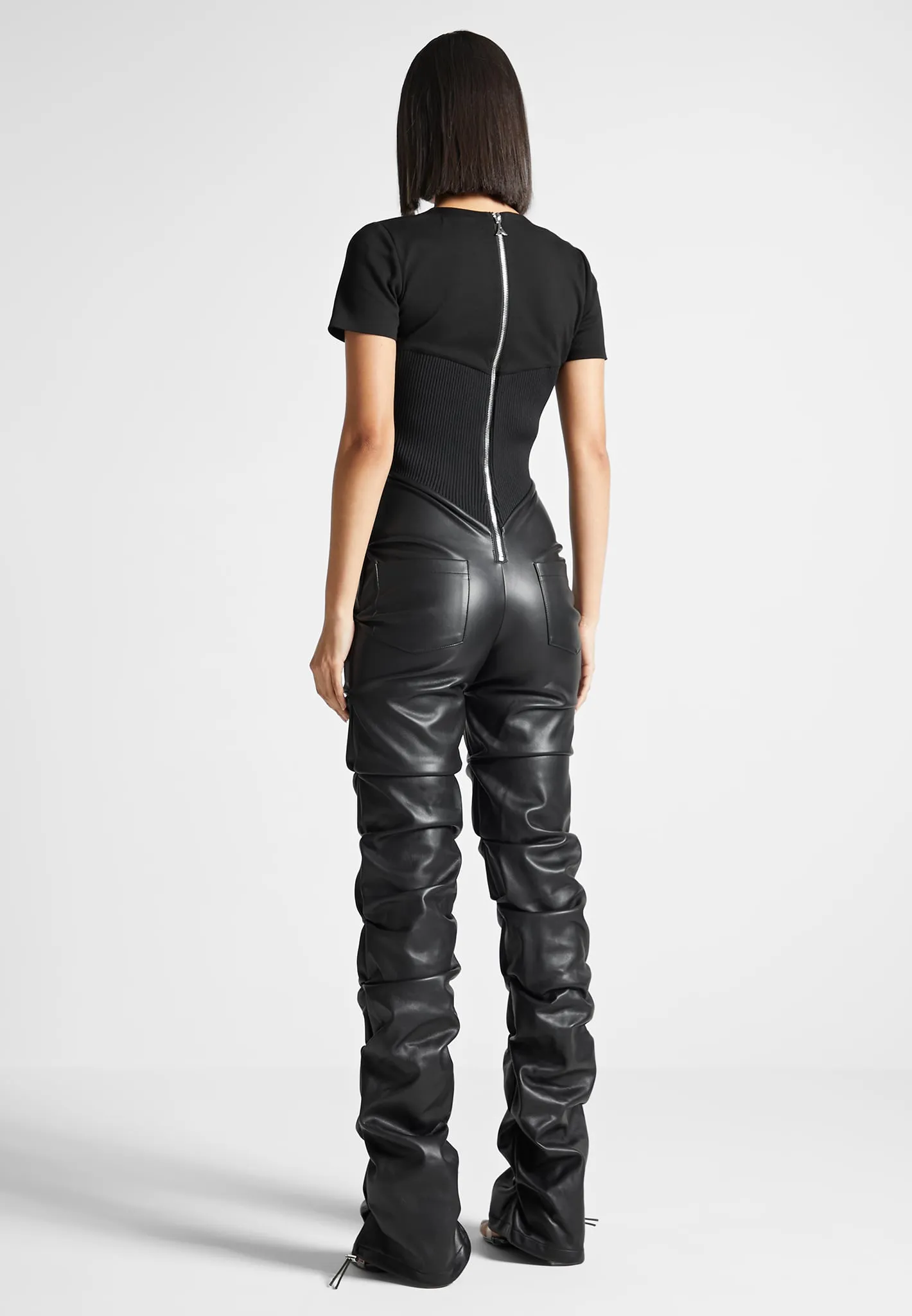 Tacked Leather T-Shirt Jumpsuit - Black