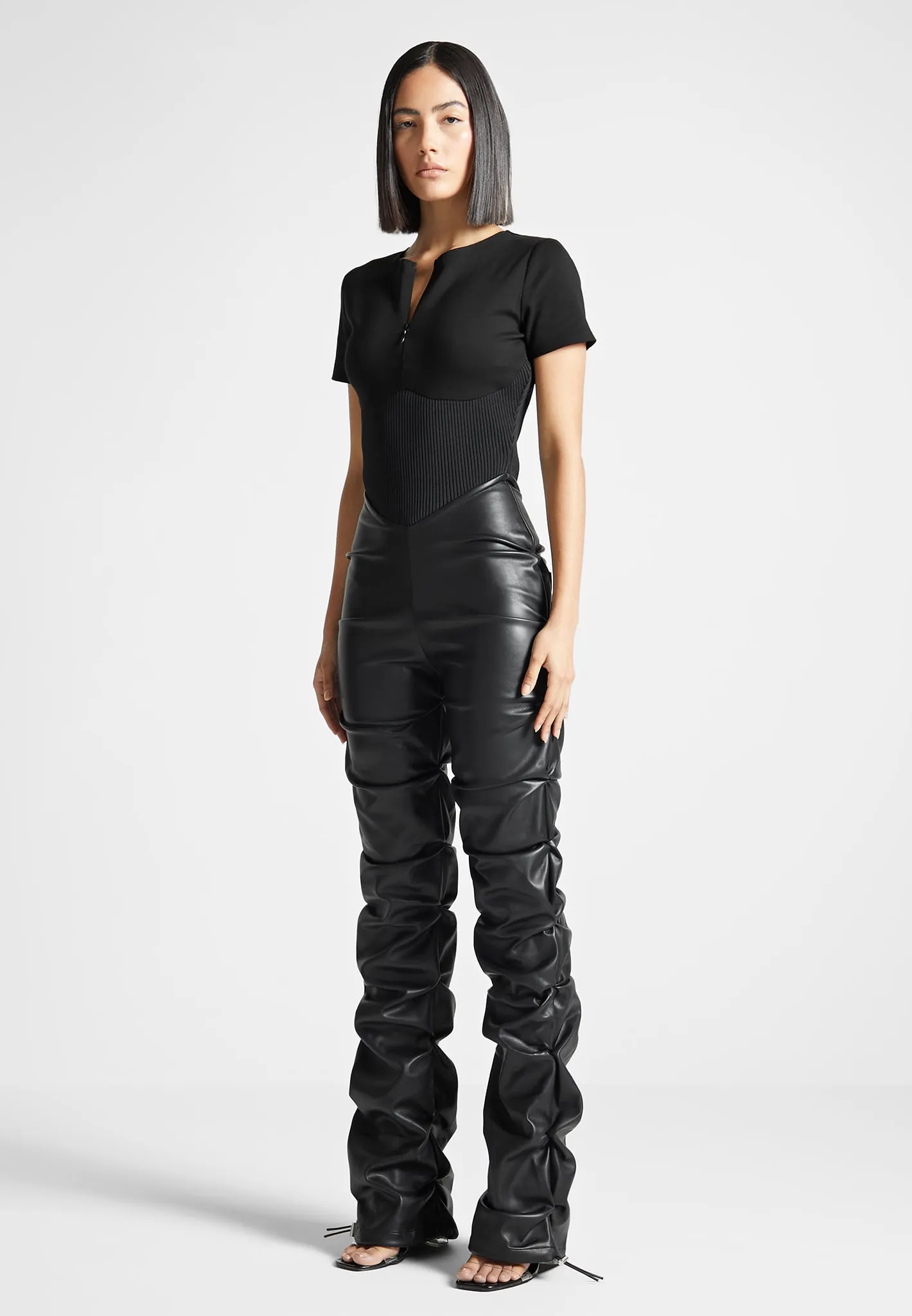 Tacked Leather T-Shirt Jumpsuit - Black