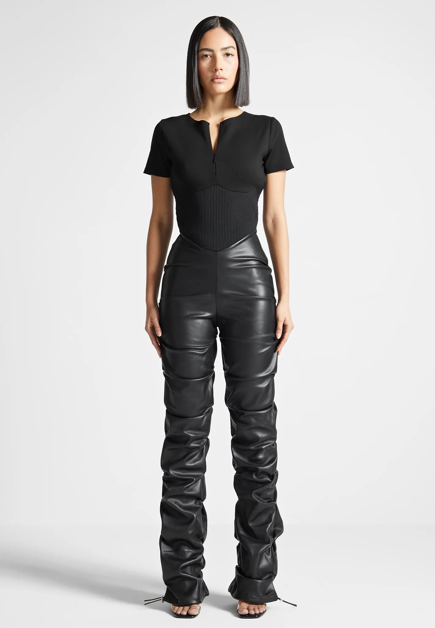 Tacked Leather T-Shirt Jumpsuit - Black