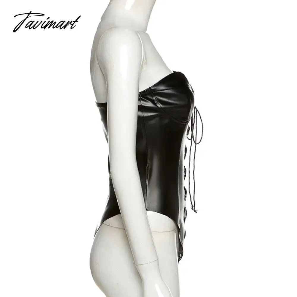 Tavimart Streetwear Faux PU Leather Bodysuit Women Sexy Strapless Off Shoulder Body Overalls One Piece Rompers Bandages Skinny JumpSuit