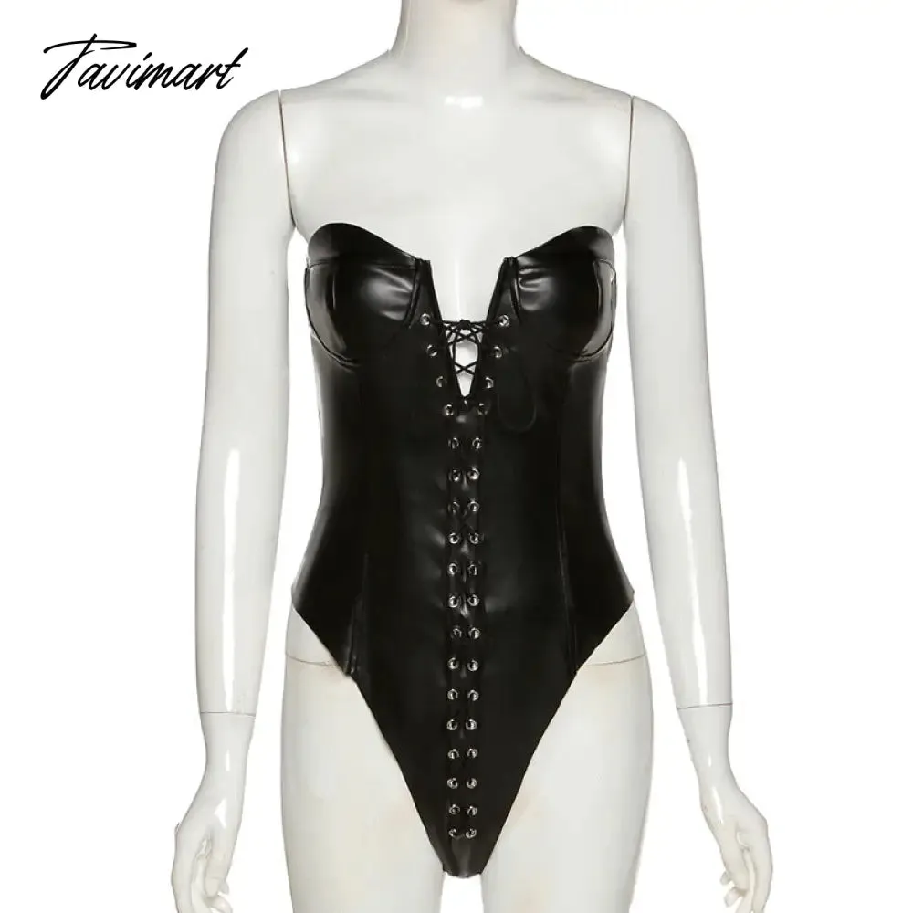 Tavimart Streetwear Faux PU Leather Bodysuit Women Sexy Strapless Off Shoulder Body Overalls One Piece Rompers Bandages Skinny JumpSuit