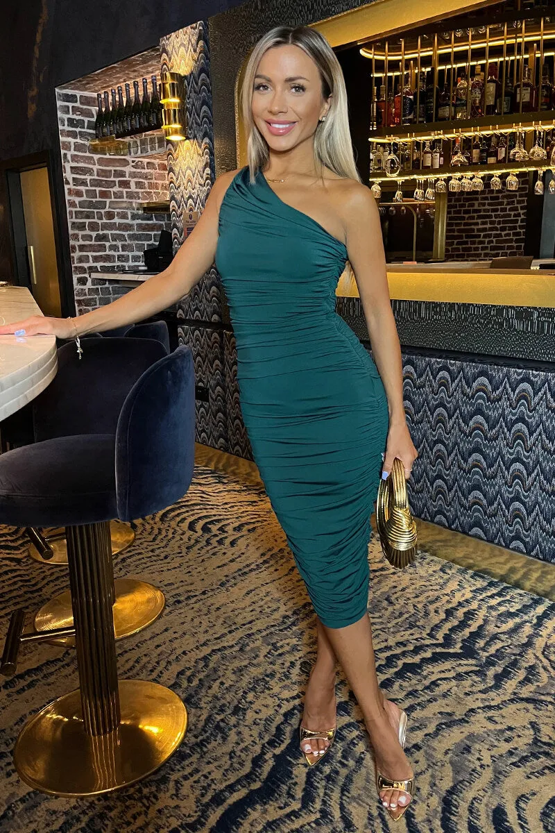 Teal One Shoulder Bodycon Ruched Midi Dress