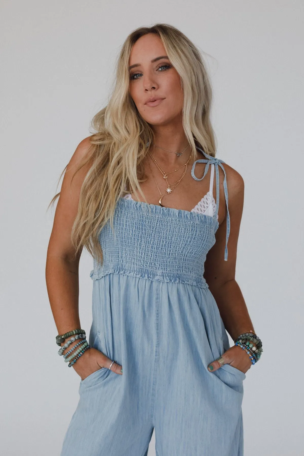 The Nest Last Call Smocked Jumpsuit - Light Wash