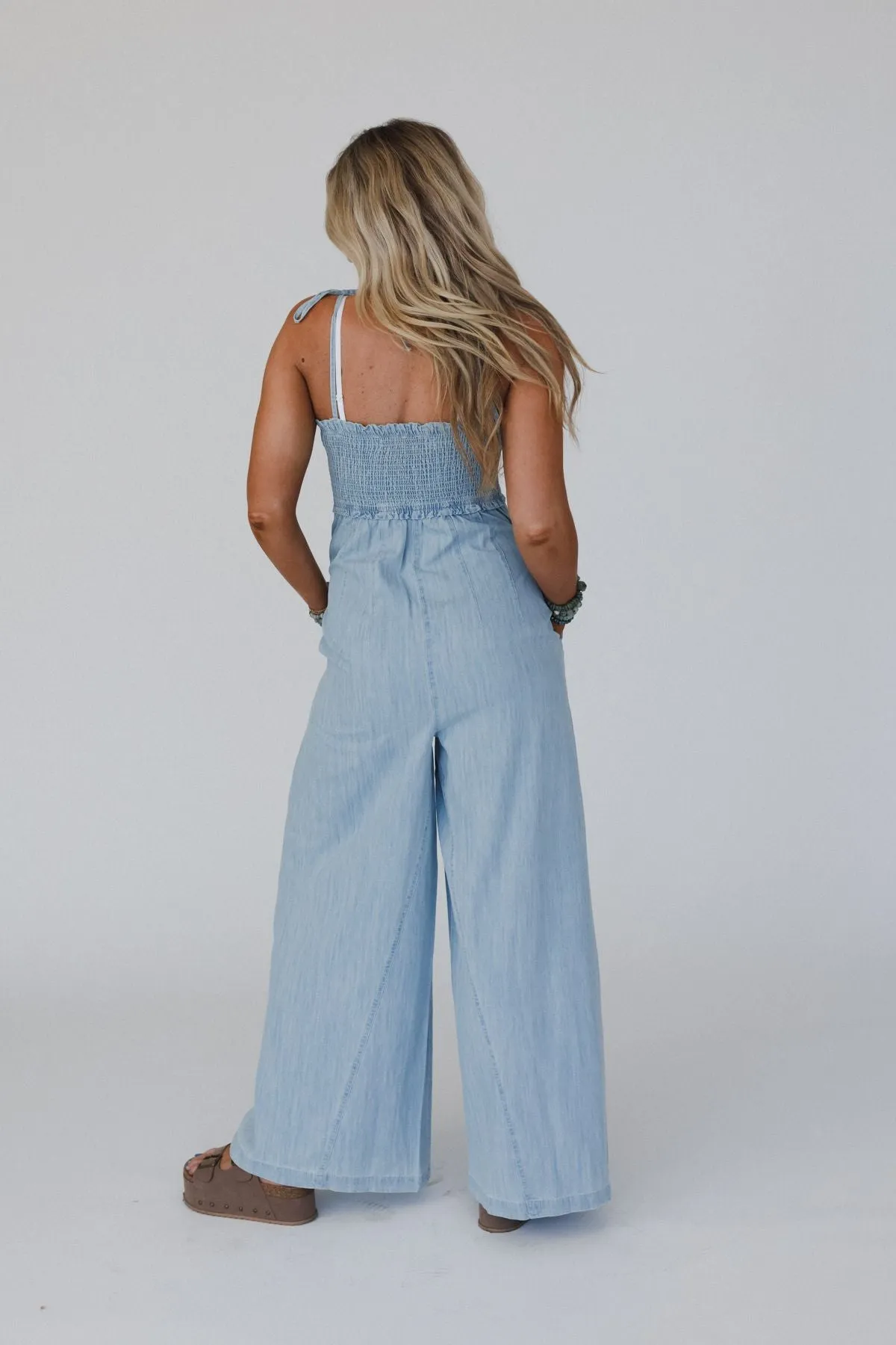 The Nest Last Call Smocked Jumpsuit - Light Wash