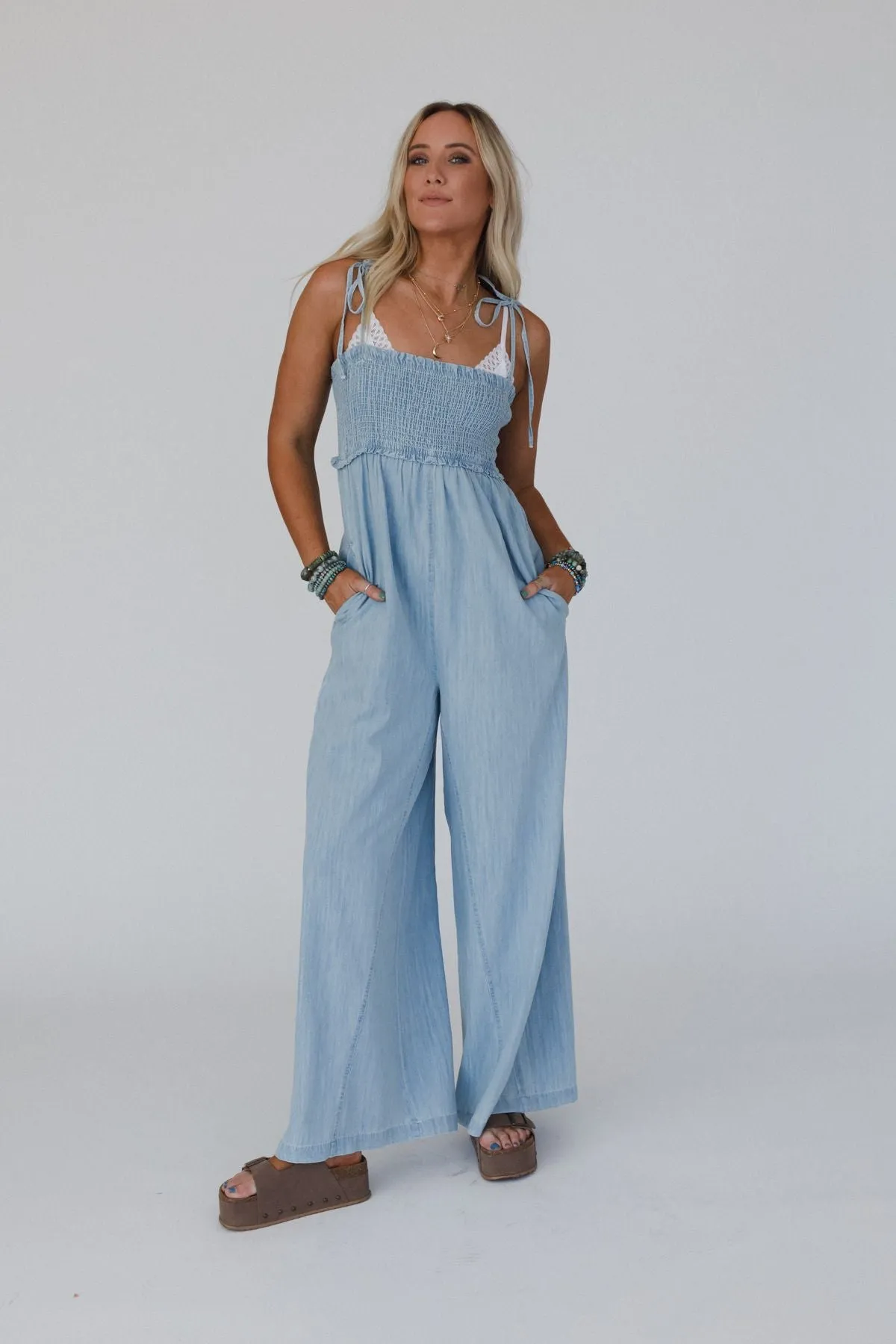 The Nest Last Call Smocked Jumpsuit - Light Wash