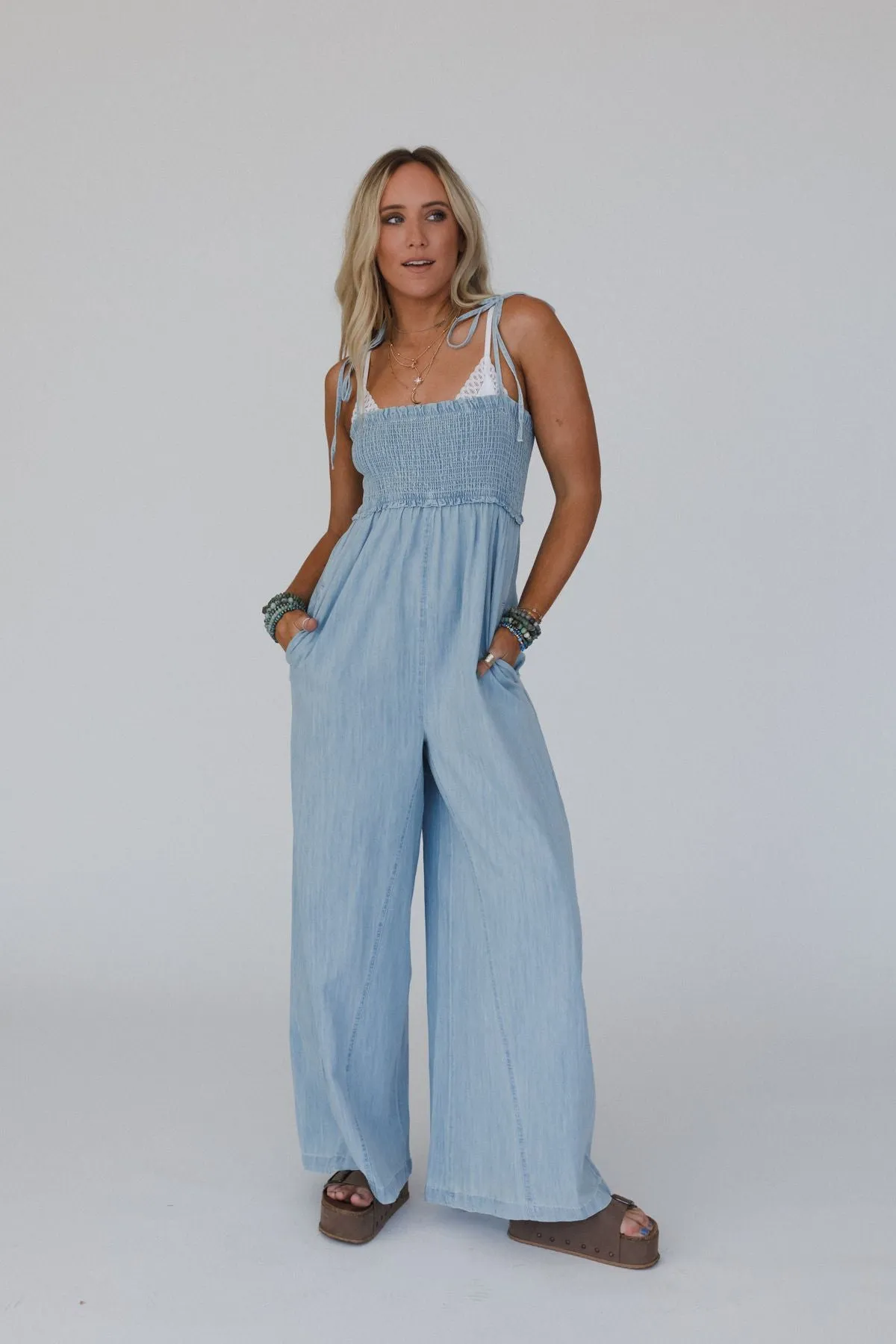 The Nest Last Call Smocked Jumpsuit - Light Wash