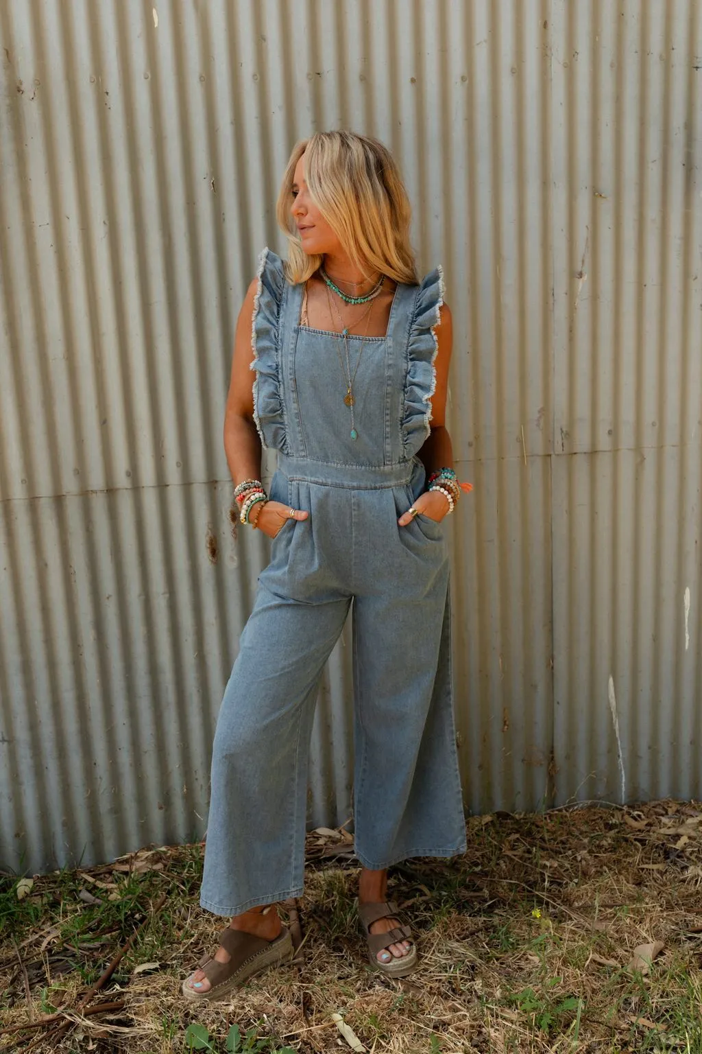 Tiffany Ruffled Denim Jumpsuit - Denim