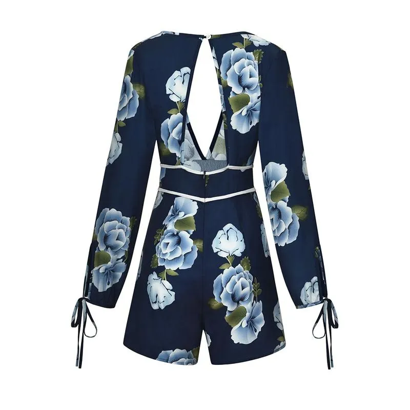 V Neck Backless Floral Romper