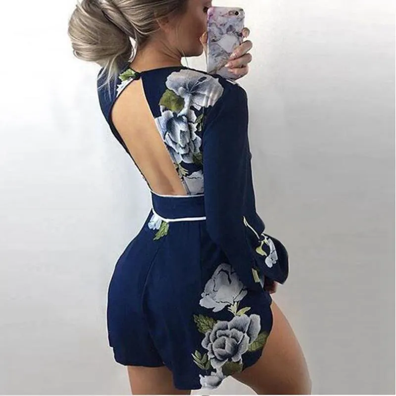 V Neck Backless Floral Romper