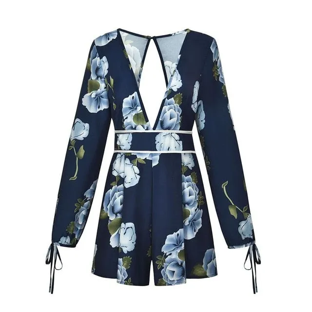 V Neck Backless Floral Romper