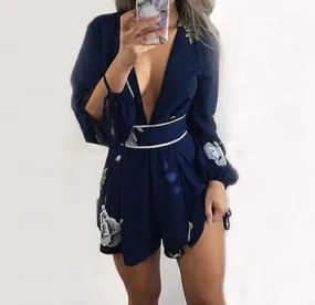 V Neck Backless Floral Romper