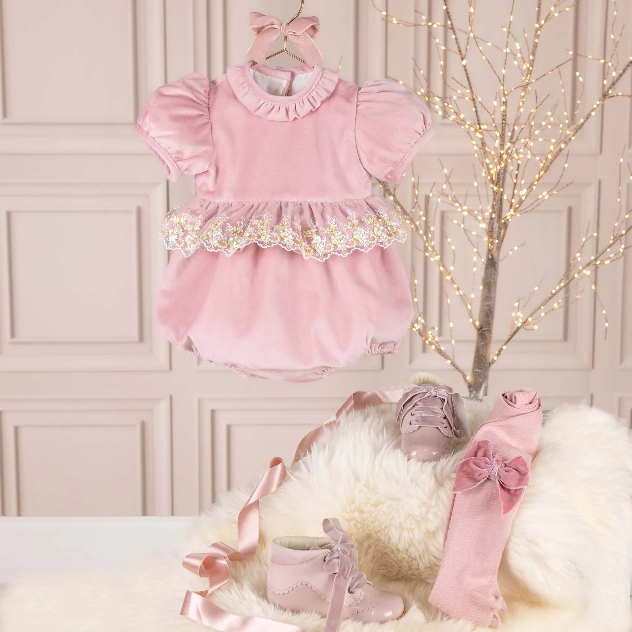 Velvet & Gold Lace Romper - Antique Rose (6M, 18M, 2Y, 3Y)